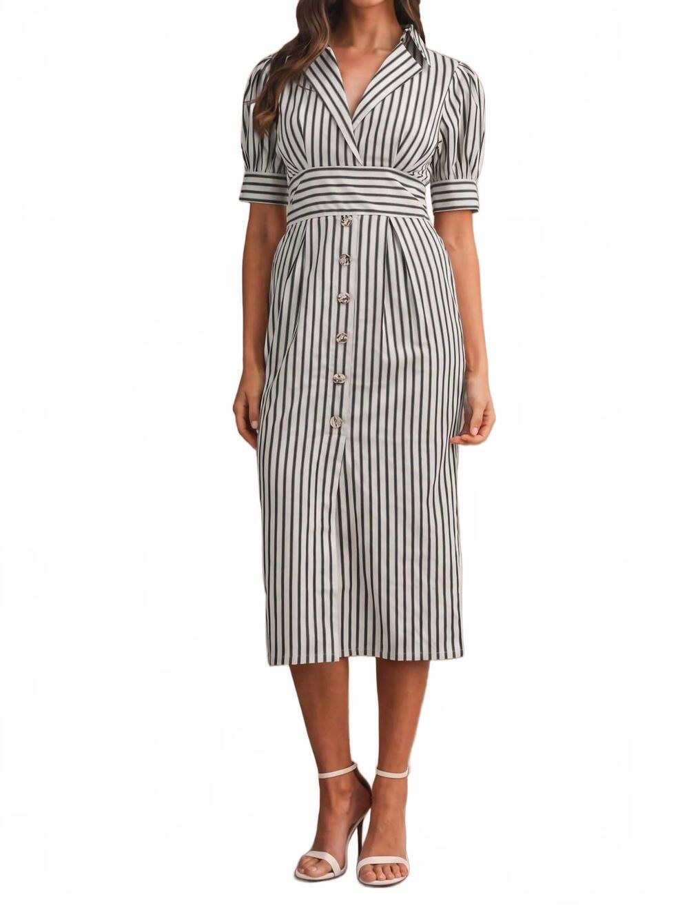 NEW FAYE ELLEN bianca stripe midi dress in navy
